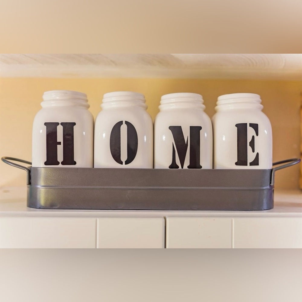 Farmhouse Decor 4 Mason Jars in Metal Tray Vase Misc. Container Holder #1108248